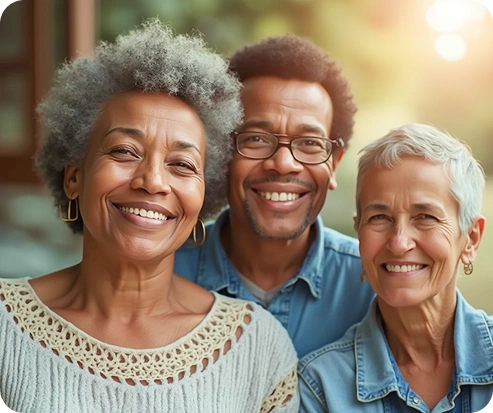Three smiling seniors standing close together outdoors in warm sunlight