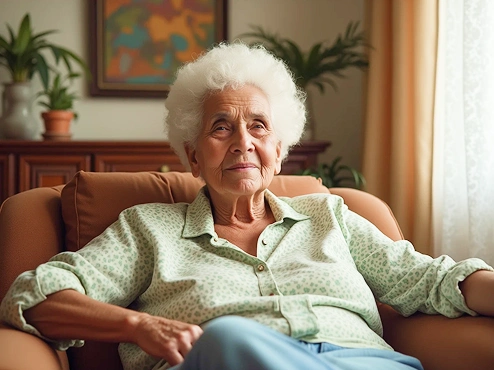 An elderly woman with short gray hair sits in a cozy armchair in a homey interior