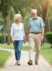 Smiling senior couple walking together in a green park on a sunny day