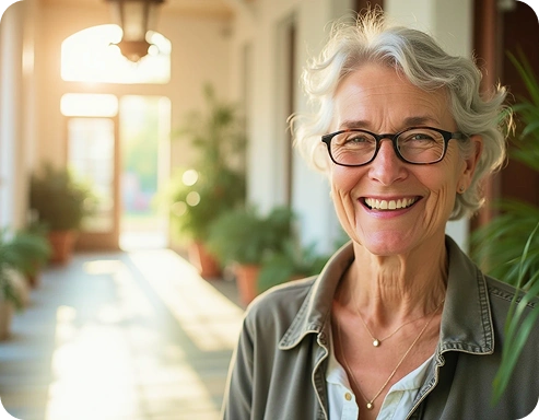 Smiling senior woman with glasses standing in a bright hallway with plants