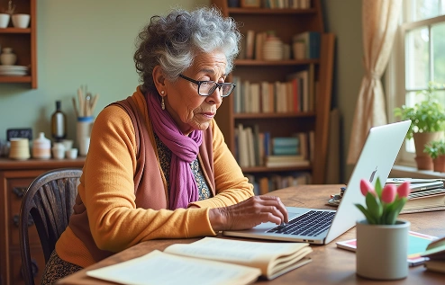 Focused senior woman using a laptop at home office desk with books and flowers around