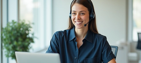 Smiling female customer service representative wearing headset and working on a laptop in a bright office