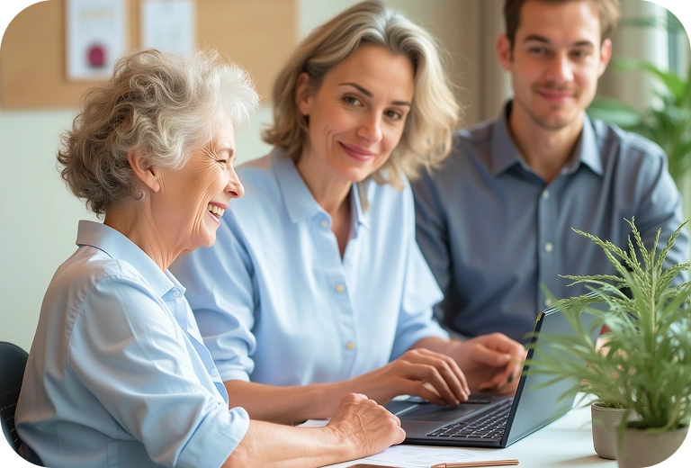 Three people collaborating around laptop - two women and one man in office