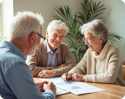 Two elderly men in business discussion across wooden table in office