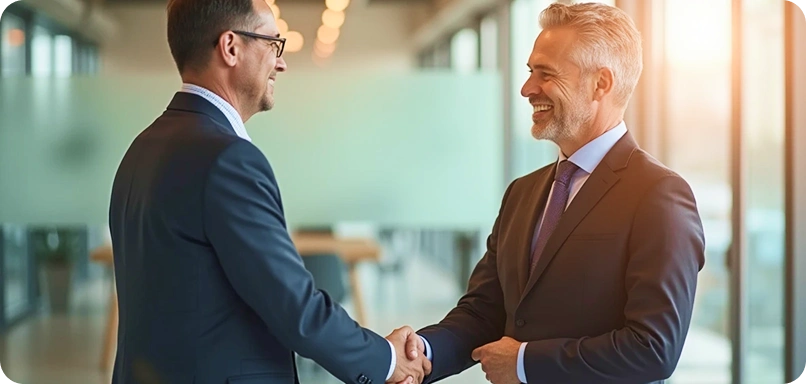 Two professional men in dark blue suits shaking hands in modern office