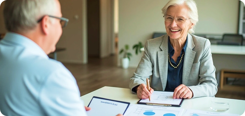 Professional consultation between two older individuals at office desk with charts