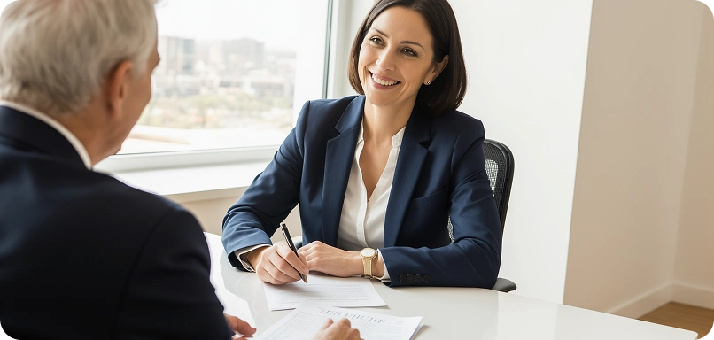 Professional meeting between man and woman at desk with documents