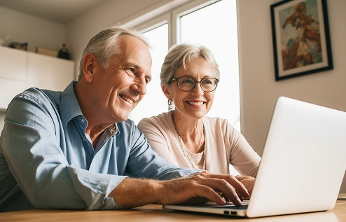 Elderly couple sharing moment with tablet in cozy home setting
