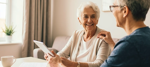 Elderly couple smiling while using silver laptop at wooden table