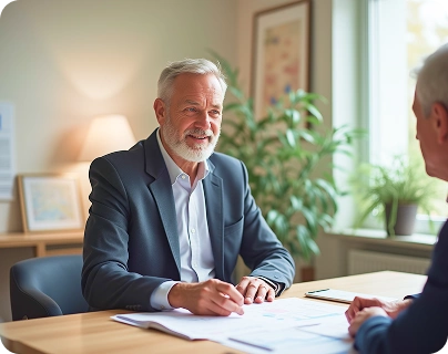 Two businessmen shaking hands in modern office hallway
