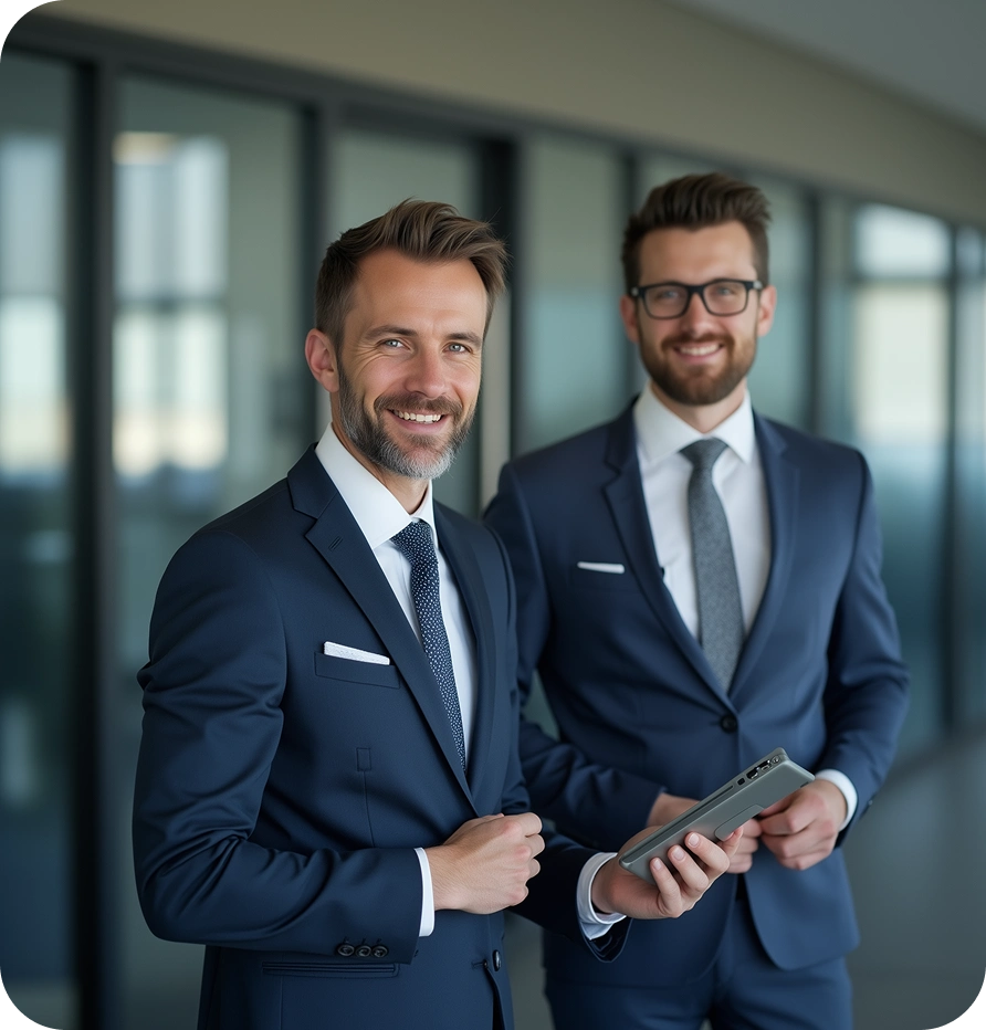 Two professional men in dark blue suits shaking hands in modern office