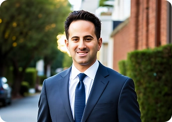 Professional man in navy suit smiling outdoors with trees in background